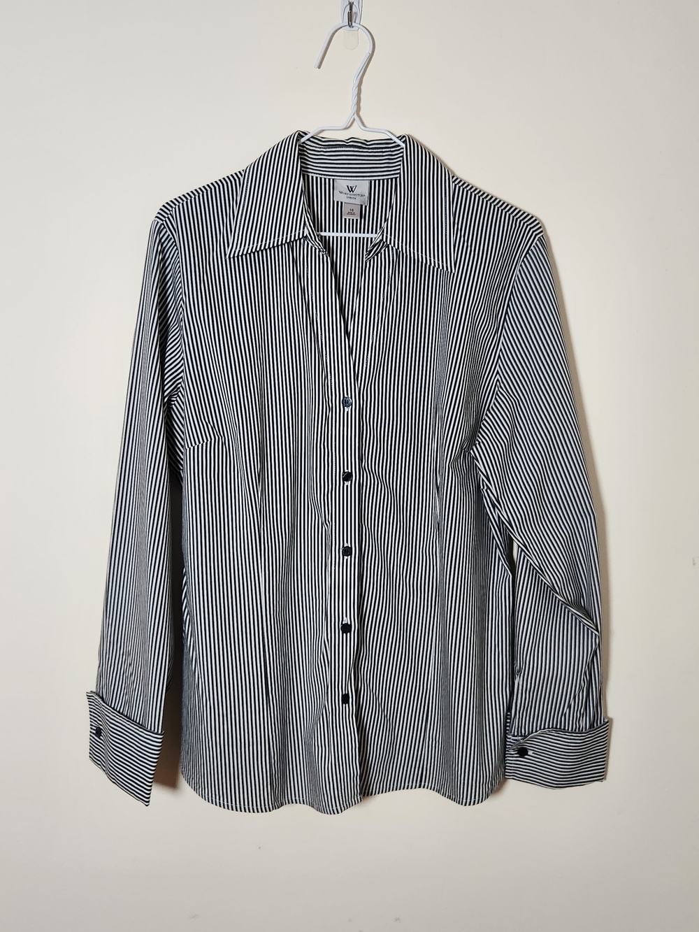Worthington Stretch Charcoal & White Striped Button Front Shirt Size 16